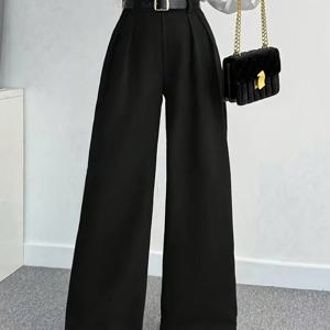 TEMU 여성 캐주얼 스타일리시 블랙 플리츠 하이웨이스트 와이드 레그 팬츠, 데일리룩에 완벽[Zllz]