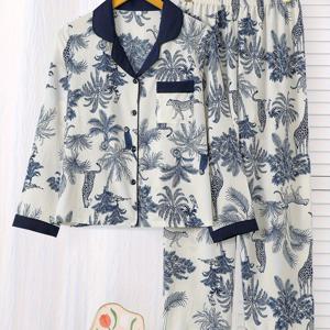 TEMU 2pcs 여성용 파자마 세트 | 라펠 칼라 긴팔 상의와 빈티지 중국 스타일의 매칭 바지, 랜덤 동물 패턴, 포켓 디테일, 사계절용 우아하고 다재다능한 디자인