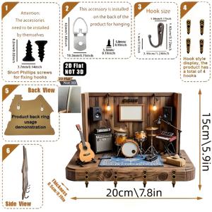 TEMU 2D 평면. 1개. 미니 악기 키 후크 - 나무 다기능 장식 키홀더, 네 개의 금속 후크, 벽 장식, 방 장식, 사계절 홈 데코, 크리스마스 장식, 2D 평면