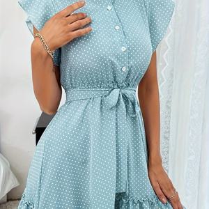 TEMU 폴카 도트 프린트 드레스, 나비 소매, 러플 밑단, 벨트 포함