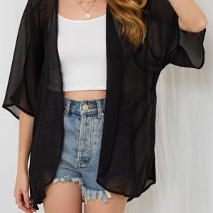 TEMU 솔리드 컬러 오픈 프론트 커버업, 다용도 반팔 비치웨어 바캉스 스타일 아우터, 여성 의류