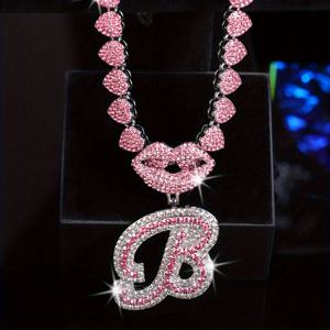 TEMU 여성용 주얼리 액세서리, 유럽 및 미국 패션 힙합 26자 입술 알파벳 펜던트 라인스톤 플립탑 목걸이 1개