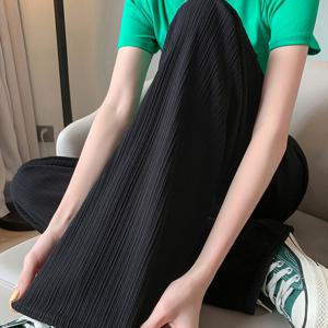 TEMU 여성용 하이 스트레치 아이스 슬리키 파이버 와이드 레그 팬츠 - 얇은 줄무늬 캐주얼 트라우저, 릴랙스 핏 & 사계절 편안함, 짐나사움, 긴 길이, 우아한 스페셜 컬렉션, 유동적인 실루엣, 비침 방지 원단