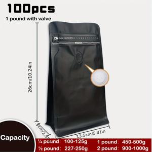 TEMU 100개 블랙 원웨이 밸브 자동 밀봉 커피백 - 에어타이트 스탠드업 포장, 재사용 가능한 커피콩·견과류·건조과일·차 보관 파우치