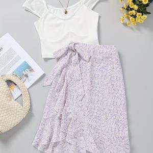 TEMU 여성용 연한 색상 작은 꽃무늬 하프 스커트 세트 [봄의 상쾌함]