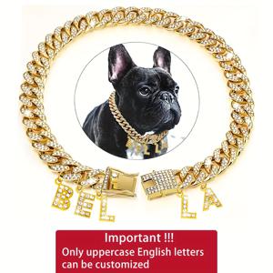 TEMU 맞춤형 제품은 간단하게 가격을 확인해 주지 마세요. 반짝이는 맞춤형 강아지 목걸이, 레터 펜던트 태그가 있는 맞춤형 강아지 목걸이 - 라인스톤 13mm 강아지 쿠바 체인, 더블 잠금 디자인 특징.