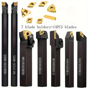 TEMU 인덱스 가능한 기계 도구 21개 세트 20mm 샤크 S20R-SCLCR09+S20R-SCLCL09+MWLNR2020K08+SER2020K16+MGEHR2020-3+SDNCN2020K11+SDJCR2020K11 7개 금속 기계 도구 홀더 세트와 14개 도구 삽입물로 도구 홈을 도는 스레드 드릴링 카르비드 삽입물 카르비드 도구