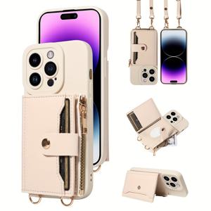 TEMU 휴대폰 케이스 - 크로스바디 디자인의 보호 휴대폰 케이스, 아이폰 15 시리즈 및 아이폰 14 시리즈와 호환, 거울 및 긴 드로스트링이 특징이며, 인조 가죽 소재의 다기능 지퍼 카드 보관 공간이 있습니다.