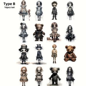 TEMU 다크 호러 테마의 빈티지 핸드메이드 인형 가족 16개 세트 (마법 모자, 마법 거울, 다이어리 및 노트북용 다양한 장식 스티커 포함). 프로젝트 및 잡지 장식에 적합한 선물 세트