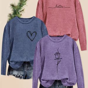 TEMU 3pcs 여성용 빈티지 감성 롱 슬리브 티셔츠, 하트 & 로즈 프린트 - 부드러운 스트레치 라운드 넥 탑, 봄 여름 가을, 캐주얼 & 공식 의류, 여성용 티셔츠