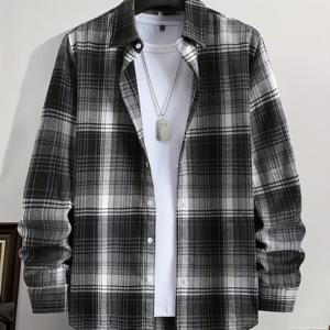 TEMU 남성용 봄/가을 체크 셔츠, 턴 칼라, 청년 아웃도어 캐주얼 트렌디 탑, 다용도 패션 재킷