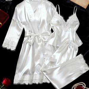 TEMU 4피스 솔리드 컬러 레이스 파자마 세트, 스파게티 스트랩 캐미 탑 & 탄력 있는 바지 & 벨트가 있는 루즈핏 나이트가운, 여성용 편안한 수면복 및 라운지웨어 세트