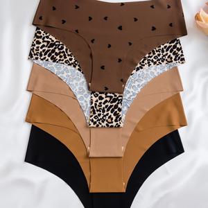 TEMU 5개 여성용 심장 프린트 무봉제 비키니 팬티 - 편안하고 통기성 좋은 로우라이즈 속옷, 섹시한 스타일