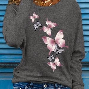 TEMU 나비 프린트 티셔츠, 긴팔 크루넥 캐주얼 상의, 봄 & 가을 여성 의류