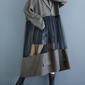 TEMU 미디엄 레인지 패션 스플라이스 슈트 메쉬 할로우 긴팔 코트 레트로 단색 아우터 스플라이스 트렌치 코트