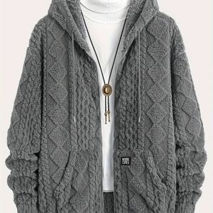 TEMU 코지 웜스 남성용 스타일리시 플러쉬 후드 재킷 - 그레이 기하학 패턴, 드로스트링 후드, 가을/겨울 캐주얼 아우터, 겨울 코트, 플러스 사이즈