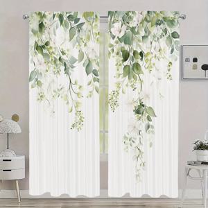 TEMU 화이트 베이스, 거실, 주방, 침실 등을 위한 패널이 있는 스프링 북유럽 나뭇잎 디자인 창문 커튼 2개 세트 - 세탁 가능한 홈