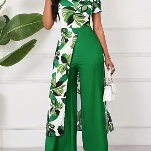 TEMU 고양이 귀 방향성 성 패트릭 데이 휴일 파티 유럽 및 미국 스프링/여름 우아한 방향성 라운드넥 반팔 패치워크 지퍼 플로럴 프린트 여성 점프수트