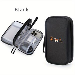 TEMU 1개 귀여운 다치슈운드 프린트 다기능 이중 레이어 가방 ID 보관 멀티 레이어 여성용 보관 클러치, 손목 스트랩 데이터 케이블 보관 가방 디지털 추가 파워 뱅크 모바일 하드 드라이브 보호 케이스 보관 정리함, 지퍼 헤드 랜덤