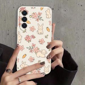 TEMU 삼성 S24, S23, S22, S21, S20, S10 E + Lite Ultra FE Plus 5G용 아름다운 꽃 토끼 폰 케이스, 흰색과 보라색의 부드러운, 직선 디자인을 특징으로 하며, 선물로 완벽합니다.