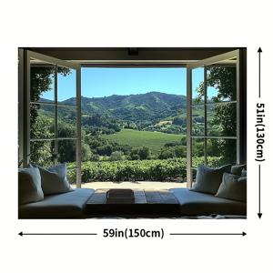 TEMU 1pc, 다용도한 봄을 소재로 한 산악 풍경 창 배경 장식, 폴리에스터 소재로 제작되어 전원 필요 없음, 연간 기념일을 위한 구멍이 있는 제품, 케이크 스매시 사진 촬영용 프로퍼