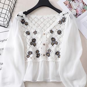 TEMU 민족풍 레이스 자수 코바늘 자수 긴소매 브이넥 풀오버 시폰 가디건