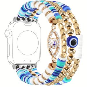 TEMU 악마의 눈 비즈 애플워치 스트랩 40mm/38mm/41mm 시리즈 SE 시리즈 6/5/4 패션 핸드메이드 탄성 밴드 iWatch 스트랩 시리즈 3/2/1 호환 남녀 공용 교체용 애플워치 스트랭지