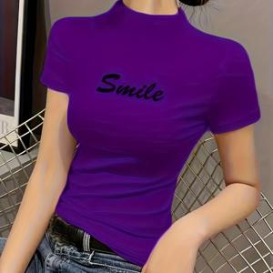 TEMU 여성용 겸손한 자수 하이넥 티셔츠 - 반팔 블라우스, 폴리에스터-스판덱스 혼방 탑, 레터링 자수, 세탁기 사용 가능, 보수적인 여름 & 레이어링 아이템, 캐주얼 웨어