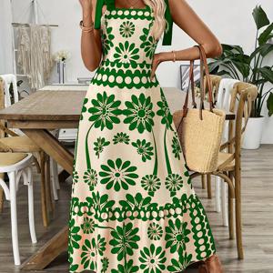 TEMU 여성용 녹색 꽃무늬 프린트 오프숄더 맥시 드레스 - 여름 해변 휴가, 해변 드레스 | 꽃무늬 드레스 | 레이스업 디테일, 해변 의류