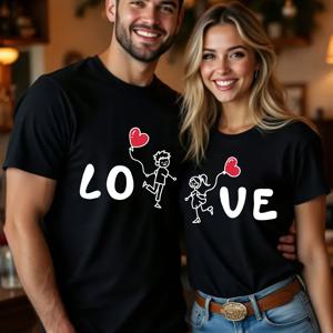TEMU LOVE 하트 만화 캐릭터 패턴 커플 발렌타인데이 라운드넥 캐주얼 반팔 티셔츠