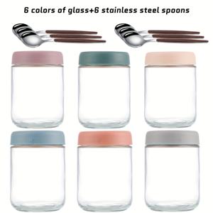 TEMU 2/6개 유리 보관용기, 아침 식사 샐러드, 요거트 용기, 습기 방지 차, 곡물, 견과류, 간식 및 요거트 포션 병, 6색 뚜껑 포함, 스테인리스 스푼 제공, 휴대용, 공간 절약, 밀폐 기능, 500ml/16oz 용량, 오버나이트 오트밀, 요거트 아침 식사, 건조 식품 보관, 포션, 정리 및 밀봉에 이상적