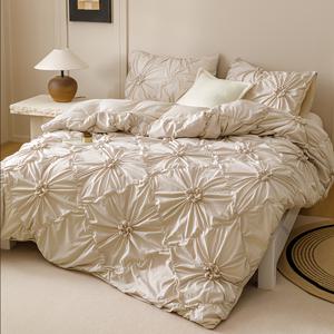 TEMU 그리드 입체 단색 이불 커버 세트 3pcs (이불 커버 1개 + 베개 커버 2개, 베개 속통 미포함), 침실 및 기숙사용, 부드럽고 통기성 좋음