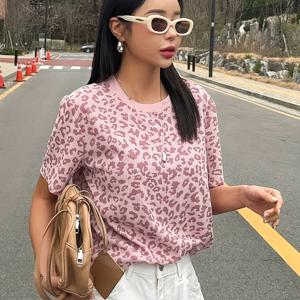 TEMU 여성용 프린트 루즈핏 반팔 티셔츠 - 우아한 라운드넥, 중간 신축성, 세탁기 사용 가능, 봄 여름 가을 캐주얼 탑, 시즌 패션, 비투명 소재