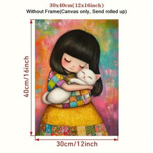TEMU 2D 평면 캔버스 포스터 1개 - 검은 머리에 앞머리가 있는 귀여운 어린 소녀가 고양이를 안고 있는 그림 - 거실, 침실, 사무실 등 벽 장식용 - 다기능 유화 스타일 포스터, 완벽한 선물 아이디어