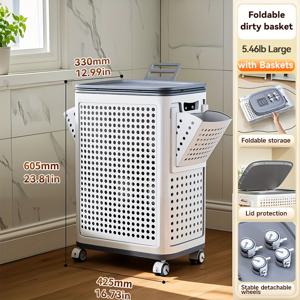 TEMU 1개 접이식 중대형 흰색 빨래 바구니 (뚜껑 포함), 욕실 및 발코니용 다기능 휴대용 더러운 옷 담요통, 바퀴 장착