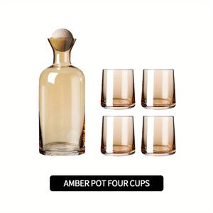 TEMU 1개, 1200ml/40.58oz 좁은 목 물 카라페 + 4개, 270ml/9.13oz 유리컵 나무 공 세트, 다색 대용량 유리 카라페, 냉수 카라페, 주스 카라페, 냉수 피처, 가정용, 친구와의 모임, 선물