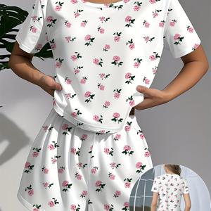 TEMU 여성용 파자마 세트, 캐주얼 플로랄 테마, 부드러운 루즈핏 반팔 상의와 신축성 있는 쇼츠, 기계 세탁 및 드라이클리닝 가능, 완벽한 잠옷 선택