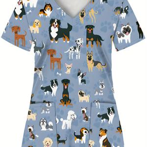 TEMU 풀바디 프린트, 파란색 베이스와 강아지 디자인 패키지 포함, 두 개의 포켓이 있는 여성용 스크럽 탑 - 병원, 치과 클리닉, 미용실 및 의료 기관에 적합한 편안하고 통기성 좋은 실용적인 유니폼. 간호사 작업복