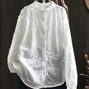 TEMU 여성용 우아한 3D 자수 블라우스 - 섬세한 꽃무늬 반투명 화이트 셔츠, 라운드넥 가벼운 탑, 봄/여름용, 세탁기 사용 가능, 플로랄 프린트 블라우스, 비신축 소재