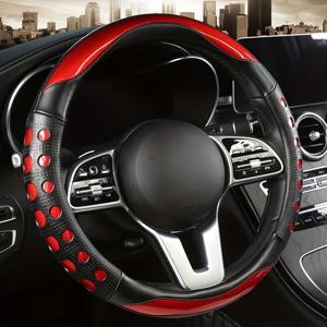 TEMU PU 가죽 스티어링 휠 커버 - 레드 & 블랙 디자인, 강화된 그립감, 편안한 착용감, 사계절 보호, 자동차용, 내구성 있는 스티어링 휠 프로텍터 - 어머니날, 아버지날, 생일 선물로 이상적, 차 애호가를 위한 블링 스티어링 휠 커버, 세련된 카 액세서리, 그립 향상 질감