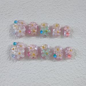 TEMU 고급 컬러풀 꽃 핸드메이드 인조 네일 10개 세트, 짧은 손톱 장식 패치