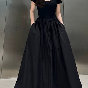 TEMU 여성용 여름 슬림핏 반팔 드레스 - 벨트 허리라인 미디 기장 원목 넥 와이드 스윙 드레스, 캐주얼 & 오피스 착용