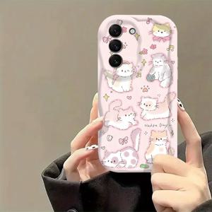 TEMU 귀여운 고양이 패턴 폰 케이스, 갤럭시 A72 S21-5G/S30/G991 S21 S22 S23 S24 S25 A50 A55 A14 A16 프린트, 크림 웨이브 에지, 충격 방지 보호 커버