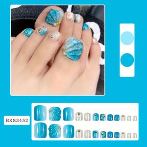 TEMU 24개 세트의 오션 블루 조개껍데기 테마 3D 발톱 장식, 여름 해변 인어 스타일에 완벽, 여성용 글리터 아크릴 인조 발톱 디자인