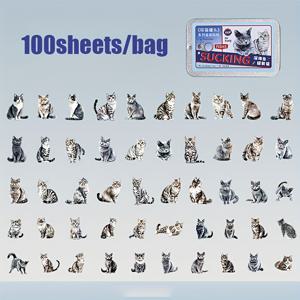 TEMU 100장/박스 캣 캔 시리즈 - 노트북, 배경, 스크랩북, 장식용 고양이 테마 스티커. 사진 프레임, 컵, 달력, 상자, 스크랩북에 적합