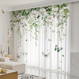 TEMU 2개 세트 우아한 플로럴 & 나비 프린트 보일 커튼 귀여운 시어스 리프 커튼 티울 창문 커튼 아이비 실내외용 거실 침실 발코니 문 커튼