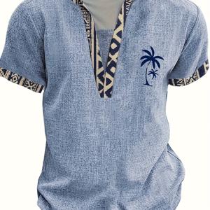 TEMU [Shule Water OBM]의 남성용 스타일리시 프린트 헨리넥 티셔츠는 패셔너블한 캐주얼 에스닉 트라이벌 토템 디자인과 야자수 패턴으로 구성되어 있으며, 야외 활동에 적합합니다. 스탠드업 칼라와 반팔 디자인으로, 일상적인 직장복으로 이상적입니다.