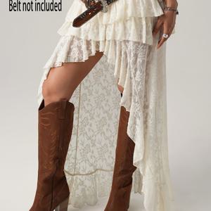 TEMU 2025년 가을/겨울 신상 컬렉션 빈티지 스파이시 스타일 하이엔드 레이스 웨스턴 불규칙 밑단 스커트, 유니크 디자인, 하이웨이스트 러플 엣지 + 앞이 더 짧고 뒤가 더 긴 스타일, 피부 친화적 통기성 레이스 원단, 파티, 데이트에 적합