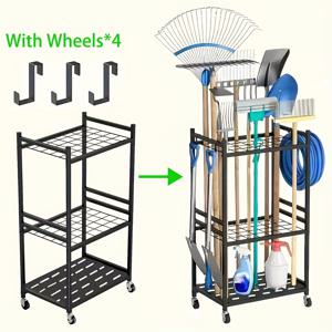 TEMU 튼튼한 메탈 정원 도구 정리함 | 블랙 코팅 다단 수납, 후크 포함 | 최대 50개 도구 수납 가능, 차고 및 야외 정리, 수납 랙에 적합