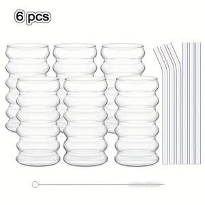 TEMU 2/6개입 420ml/14oz 골지 유리 음료컵 (브러쉬 및 빨대 포함), 빈티지 일본 스타일 물결 버블 컵, 커피, 차, 주스, 마치, 스무디 음료에 적합